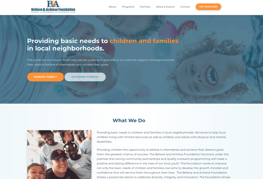 Website layout for a nonprofit supporting local youth