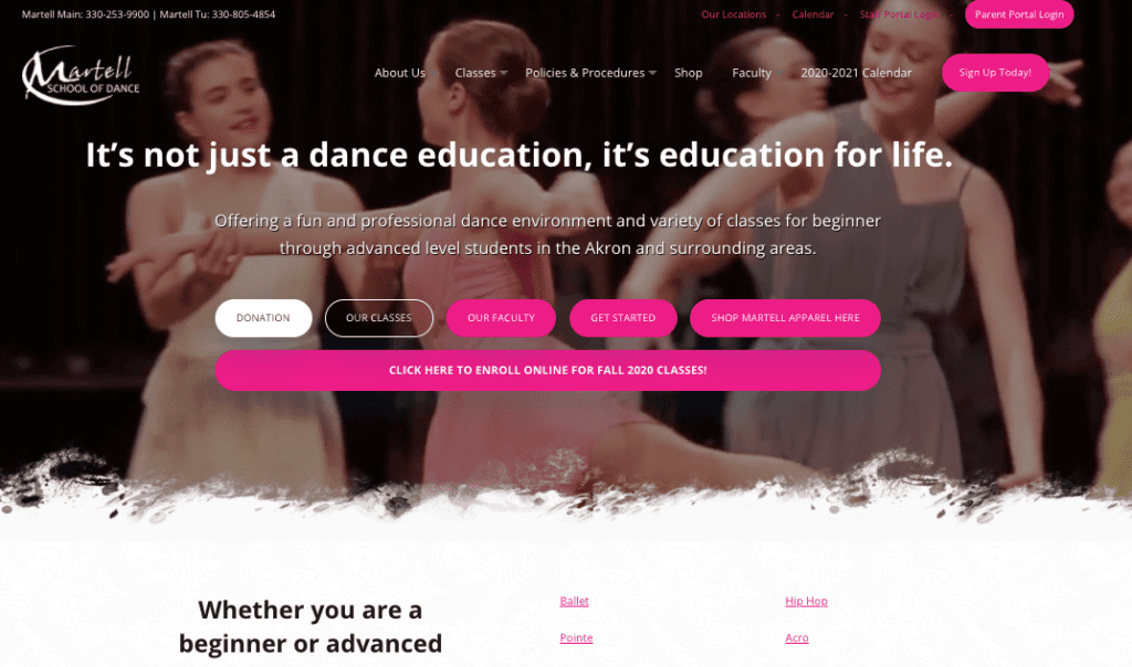 The homepage video of Martell's School of Dance website