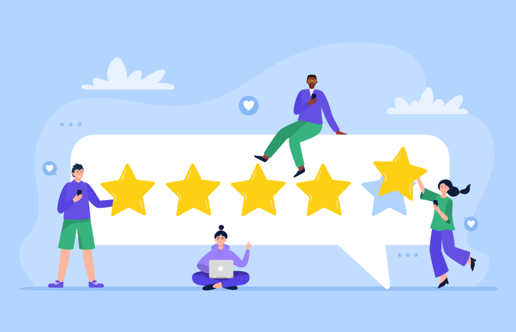 Illustration shows business owners building good customer reviews